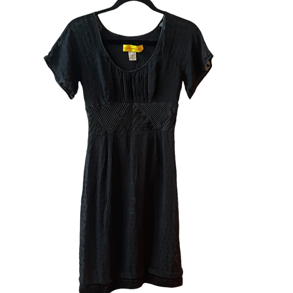 Catherine Malandrino 100% Silk Dress Size 2 Black Pleated Semi Sheer Heart Print